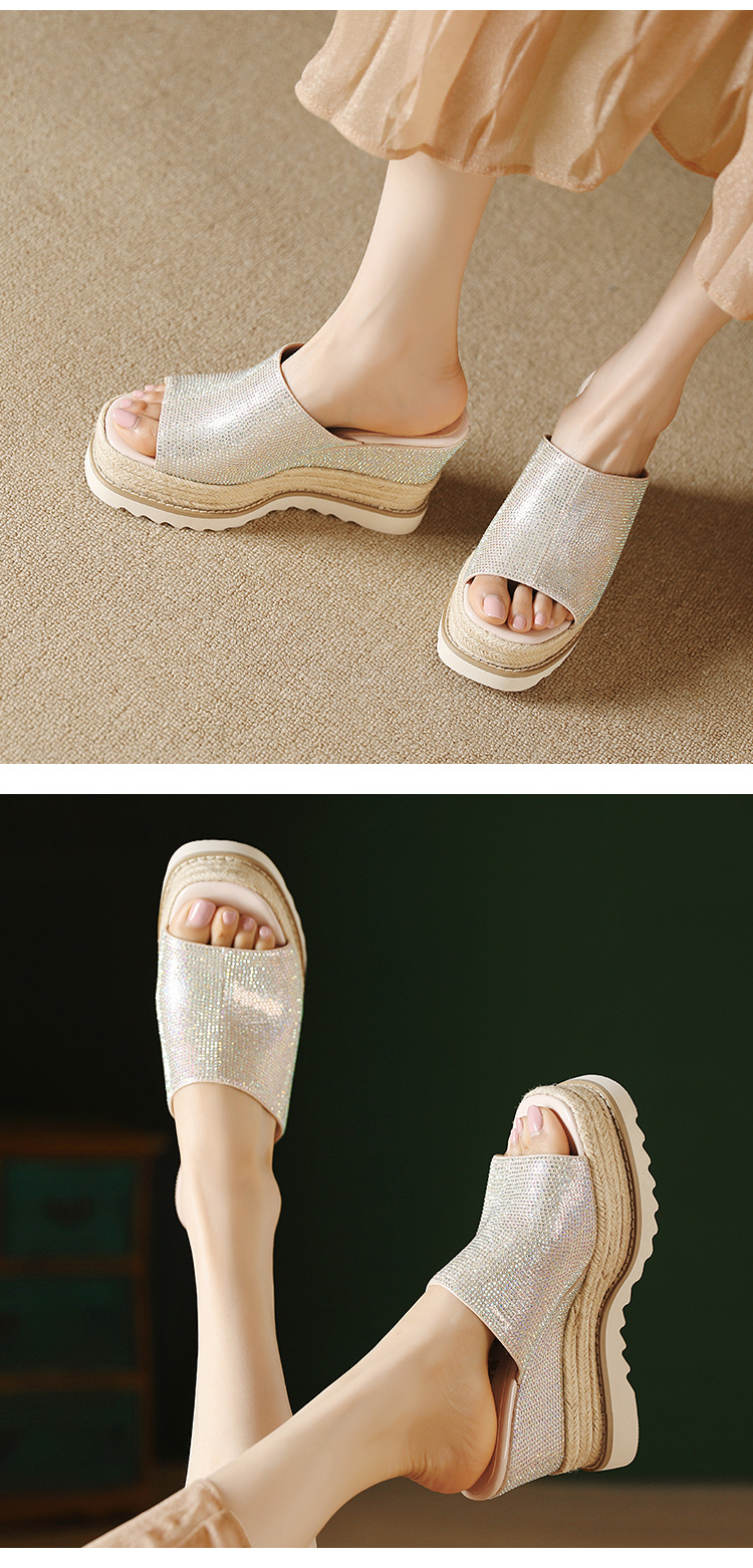 Sandal cao gót nữ đế xuồng đan rơm mũi hở đính đá — màu hồng nhạt, bạc chi tiết 5