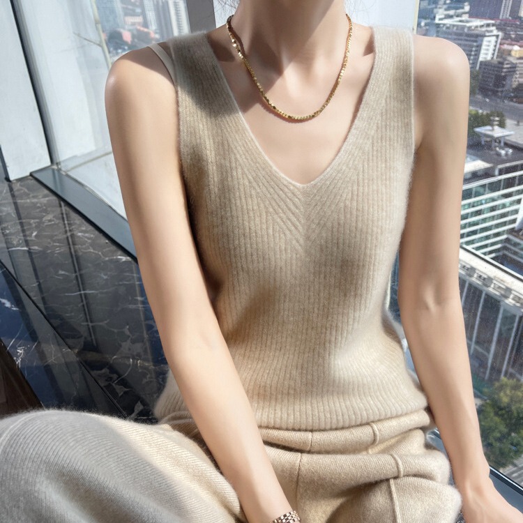 Cashmere fashionable autumn and winter sleeveless V-neck drawstring strap women's all-match wool knitted vest top bottoming slim fit