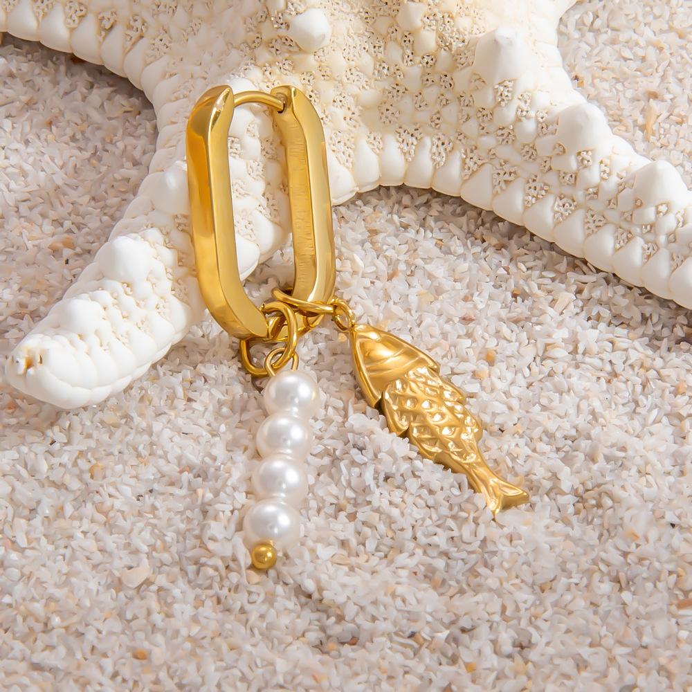 PVD Coated Gold Plating Process PVD Coated Real Gold Plated 18K Gold Fish 304 Stainless Steel Elegant Simple Style Waterproof Non Tarnish Charm Sleeper Hoop Earrings Drop Earrings