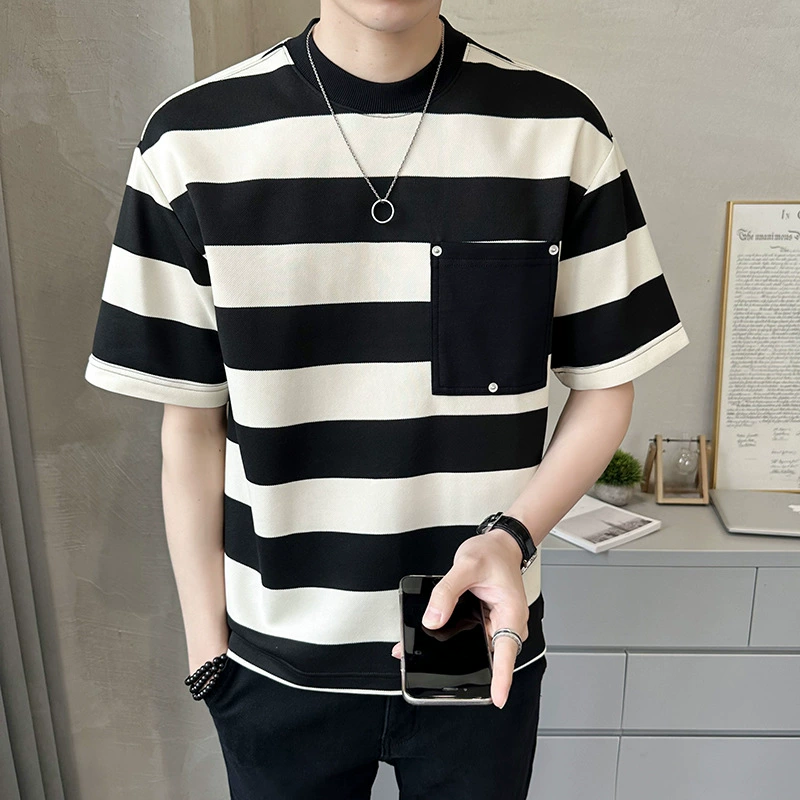 Мужская футболка оверсайз из плотной ткани (300 г/м²), полосатая, с коротким рукавом, в стиле владельца магазина, популярная в TikTok.