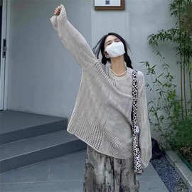 韩系设计感慵懒风镂空针织衫上衣女春秋薄款小个子宽松松弛感毛衣