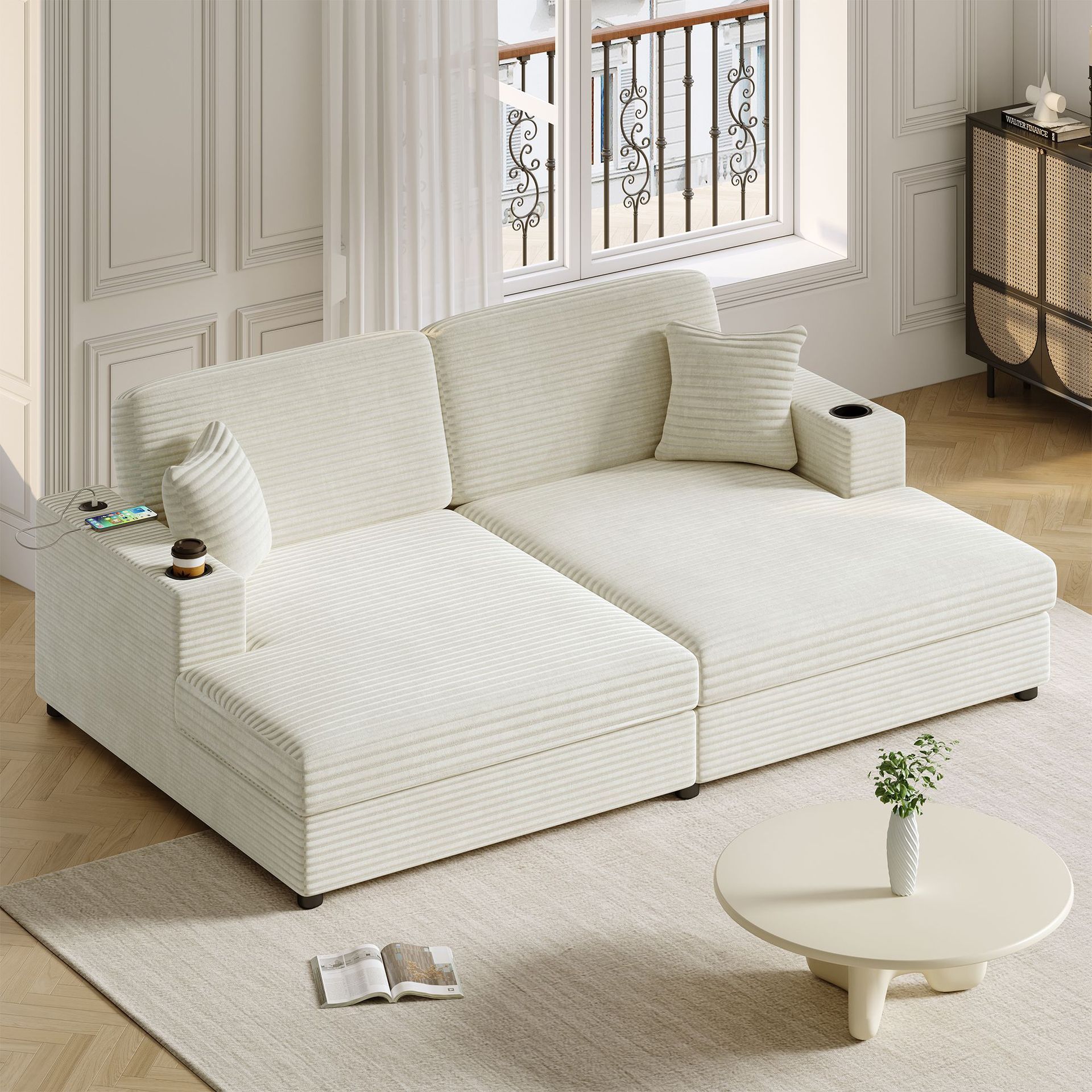 Cream Sands moderna mini sala de estar ultra ancha sentada profunda línea recta suave plum mat sofá de tela image 5