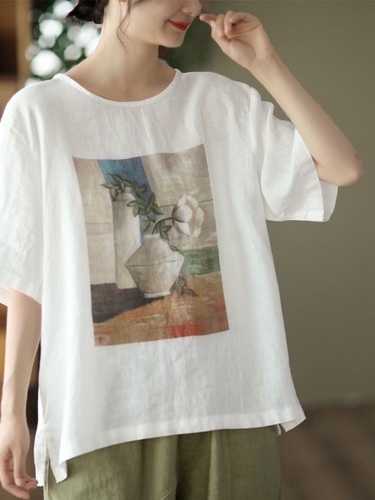 2025 Retro Print Linen Top for Women, Loose and Comfortable, Hides Fat, Slimming Linen Casual Short-Sleeve T-shirt
