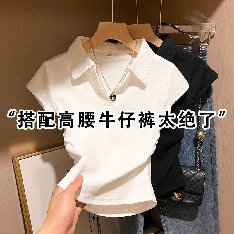 240g pure cotton, designer-style fitted waist short-sleeved white top, 2026 summer American style slim fit ruched sexy t-shirt