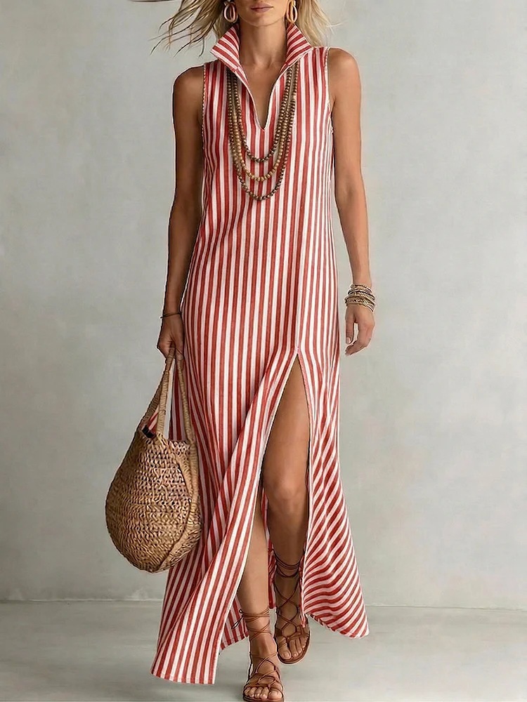 Women's Clothing Striped Stand Up Collar Sleeveless Slit Maxi Dress Women's For Formal & Casual For Women Printed V Neck_ecoleips.com
