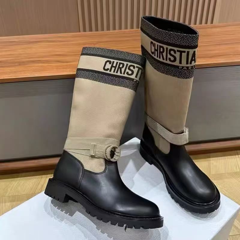 2025 Autumn New Letter Thick Heel D Brand Women's Genuine Leather Mid-Calf Khaki Color Block Long Boots with Velvet
