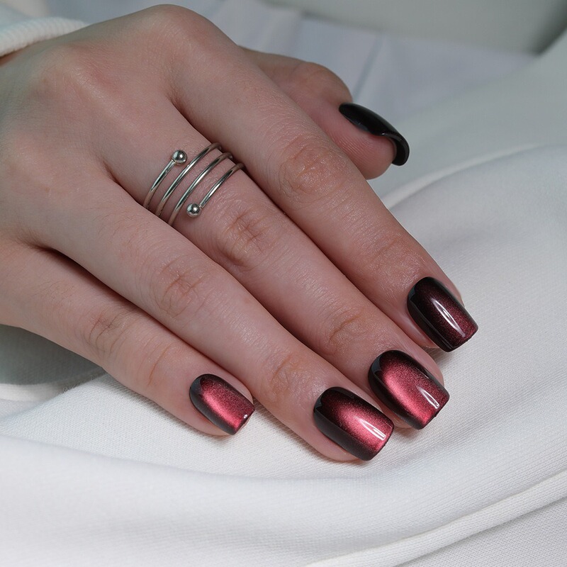 Black and Red Cat-Eye Press-On Nails, Nail Art Tips, Cross-Border Hot-Selling Short Square Nails, Fake Nails, Magnetic 30-Piece Set