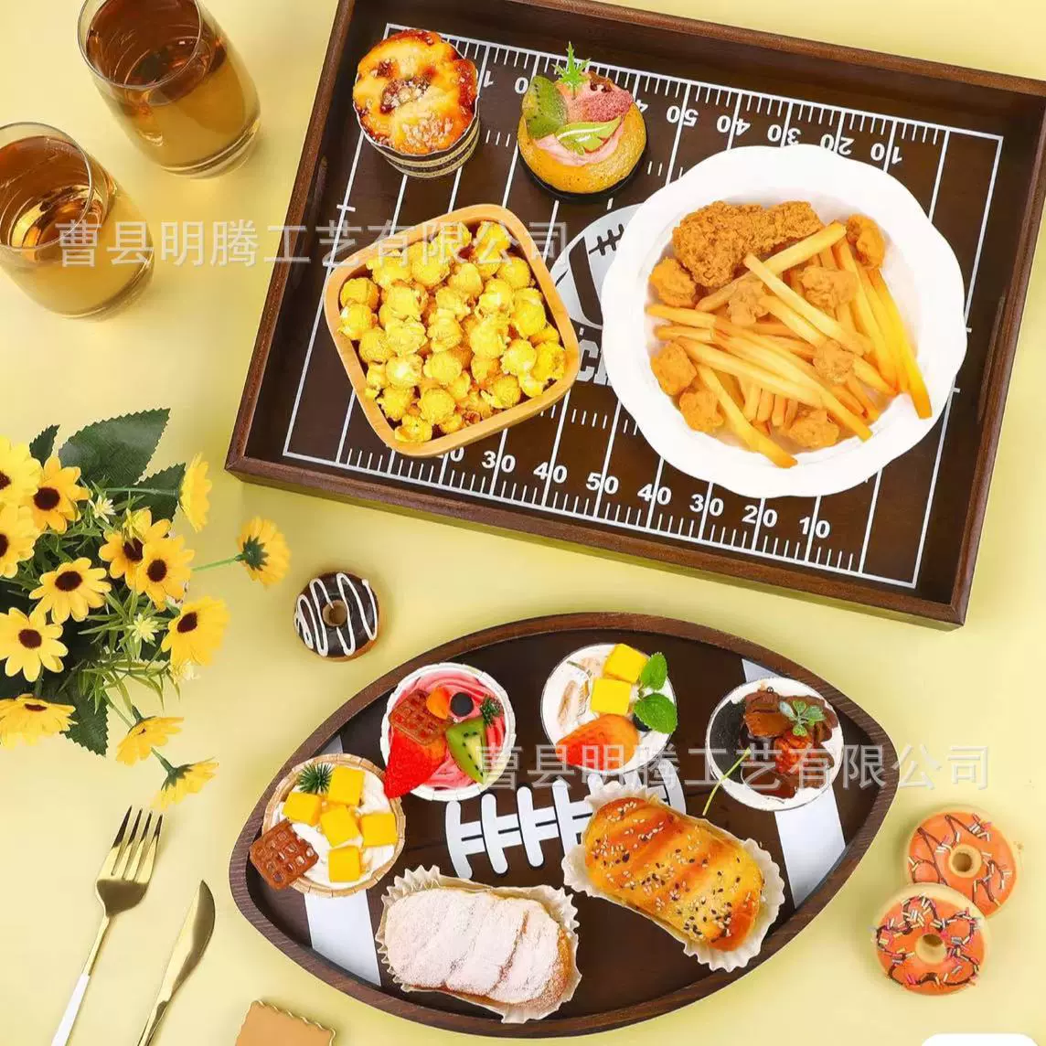 跨境木质橄榄球形状收纳盘竹制橄榄球造型托盘桌面熟食盘上菜托盘