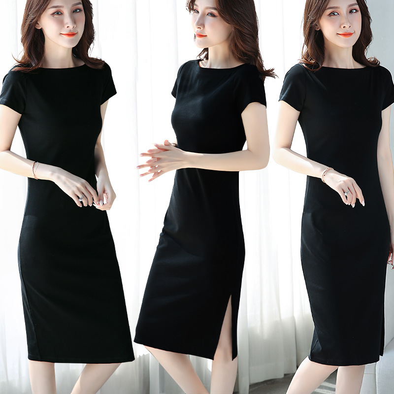 New Black Shoulder Collar dress Women's Summer Long Slim-fit Slimming Short-sleeved Split Base Dress 2024