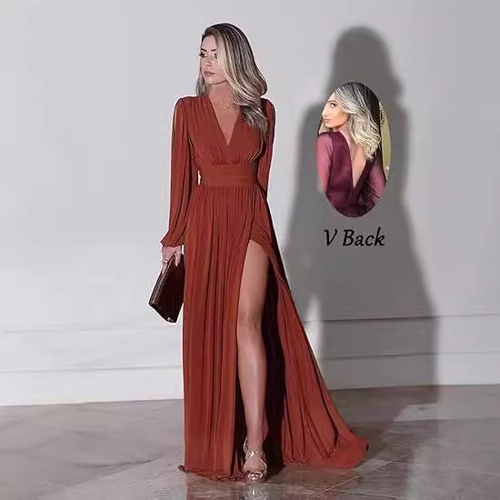 Amazon Foreign Trade Evening Dress High Slit V-Neck Empire Waist Fold Craft Ball Party Beach Photography Dress