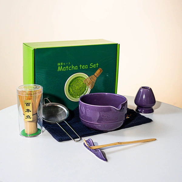 FJT Mushroom Straight Bowl Purple 7-Piece Set (Dark Green Color Box + Blue Tea Towel)