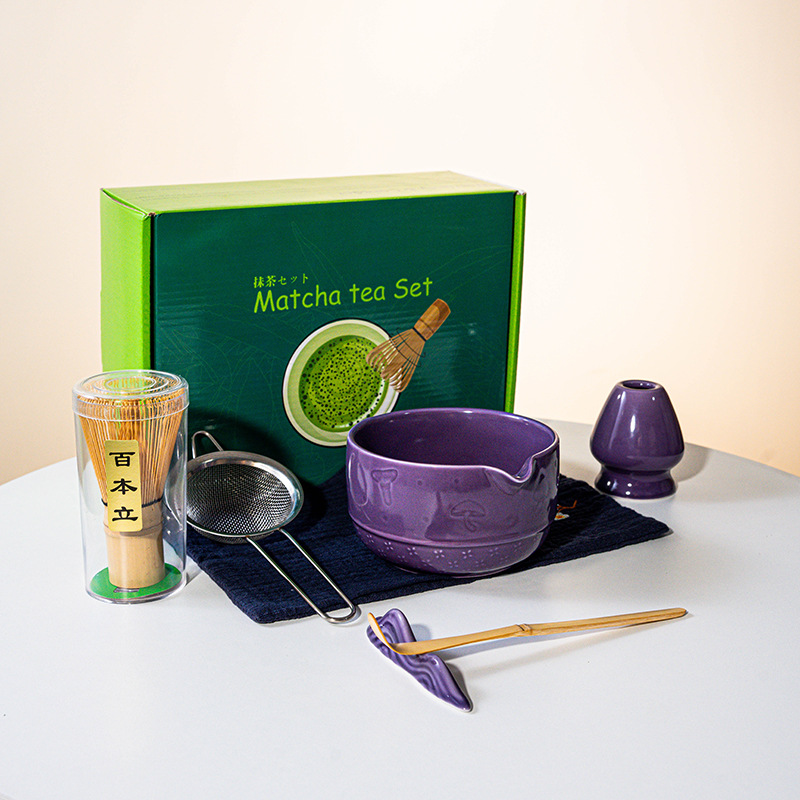 FJT 버섯 입이 있는 직선 그릇 보라색 7종 세트(짙은 녹색 색상 상자 + 파란색 티 타월)