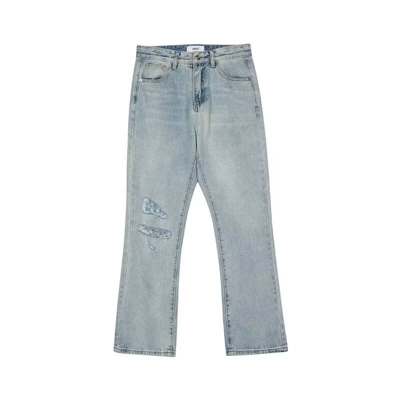 Men's High Street American Retro Washed Denim Jeans Loose Fit Slightly Flared Wide Leg Floor Length Slimming Blue Jeans_mkmklike.com