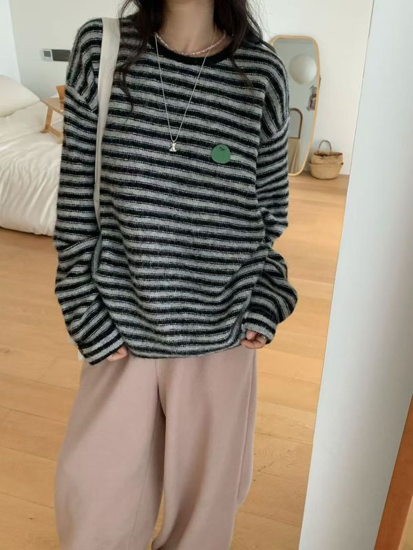 韩版休闲风条纹拼色套头针织衫秋冬新款简约百搭减龄设计感套头衫|undefined