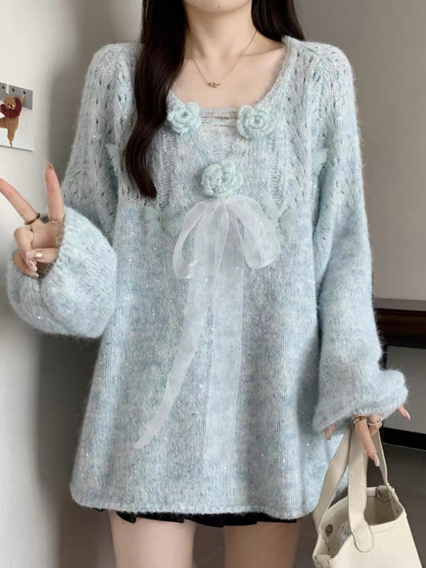 立体花朵亮片V领针织衫毛衣女款春秋2025大码胖mm法式蝴蝶结上衣|undefined
