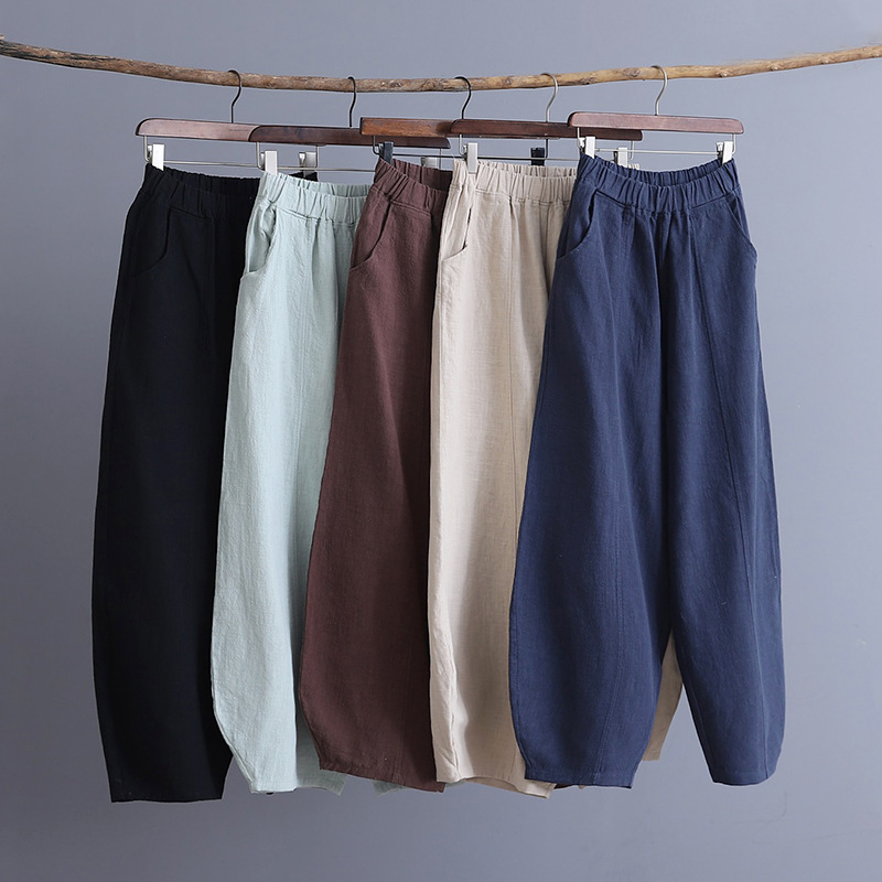 6461 # Ethnic Style Spring and Summer New Cotton and Linen Bloomers Japanese Style Zen Meditation Clothing Elastic Waist Loose Slimming Look Pants
