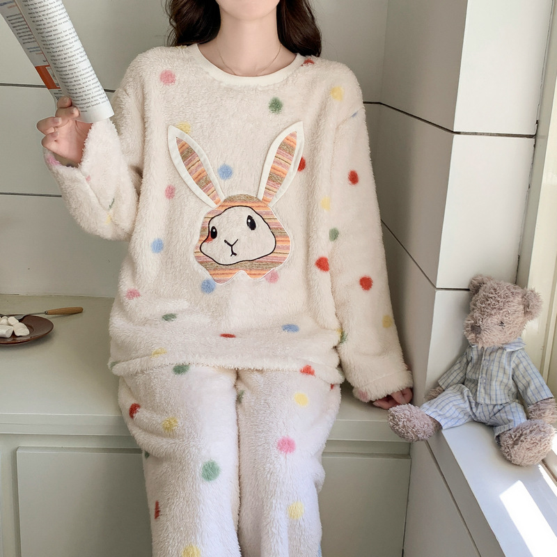 Oh Mida Winter Thickeneded Coral Velvet Warm Pajamas for Women North American Velvet Polka Dot Printed Flannel Home Wear Set