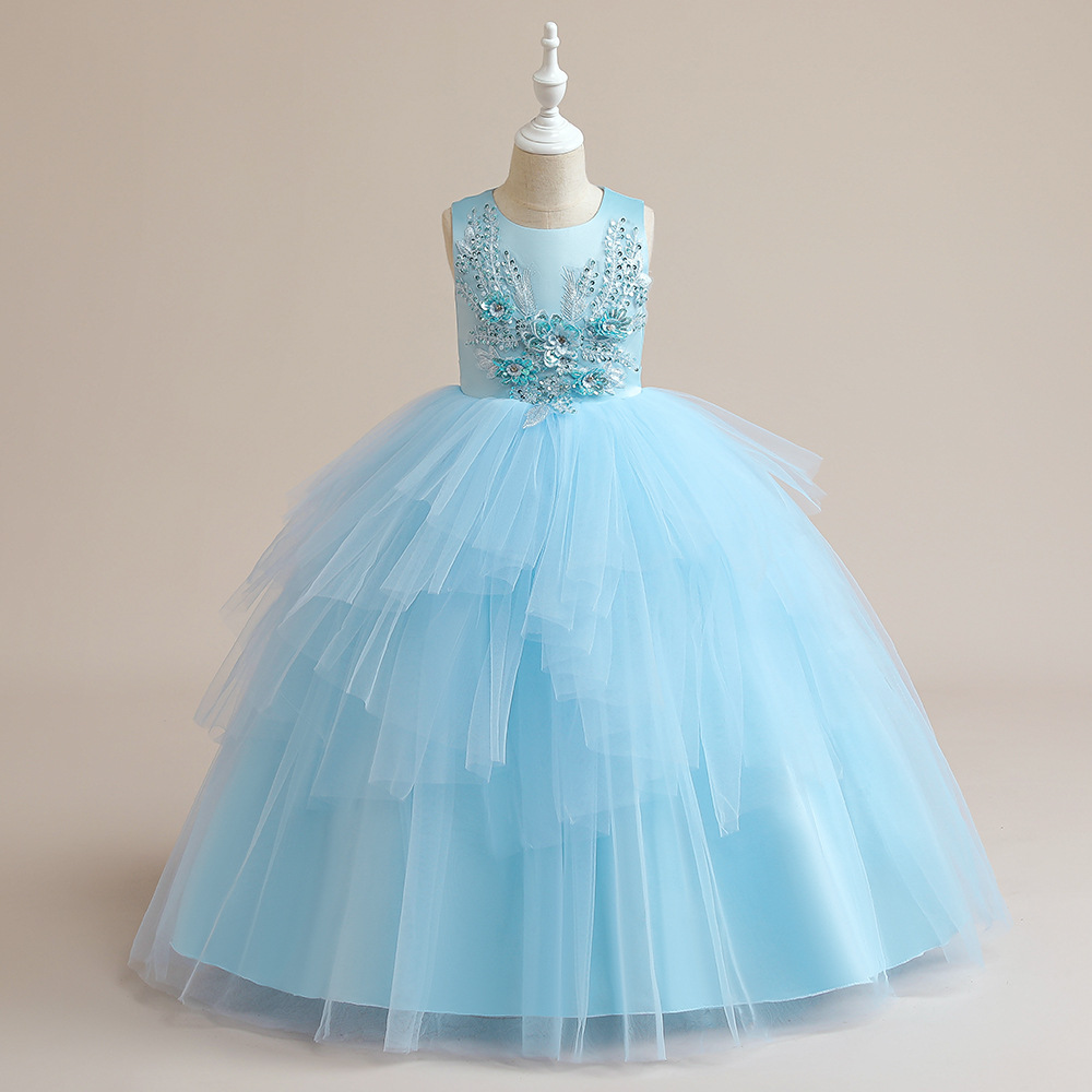 Vestido de princesa para niñas transfronterizas, vestido esponjoso de malla bordada, anfitrión de pasarela, vestido de actuación para niños del día del niño de piano