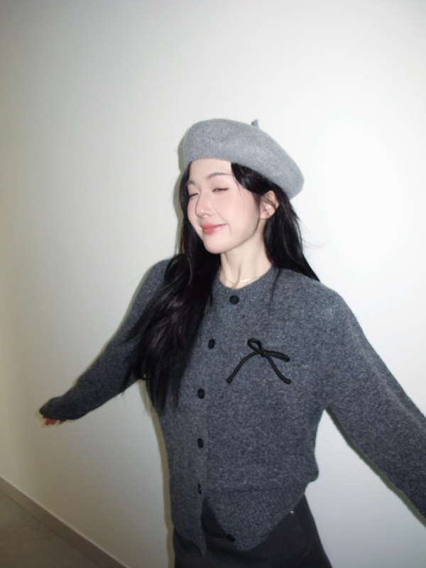 韩系蝴蝶结灰色毛衣外套女秋冬2025秋新款宽松慵懒风针织开衫上衣|undefined