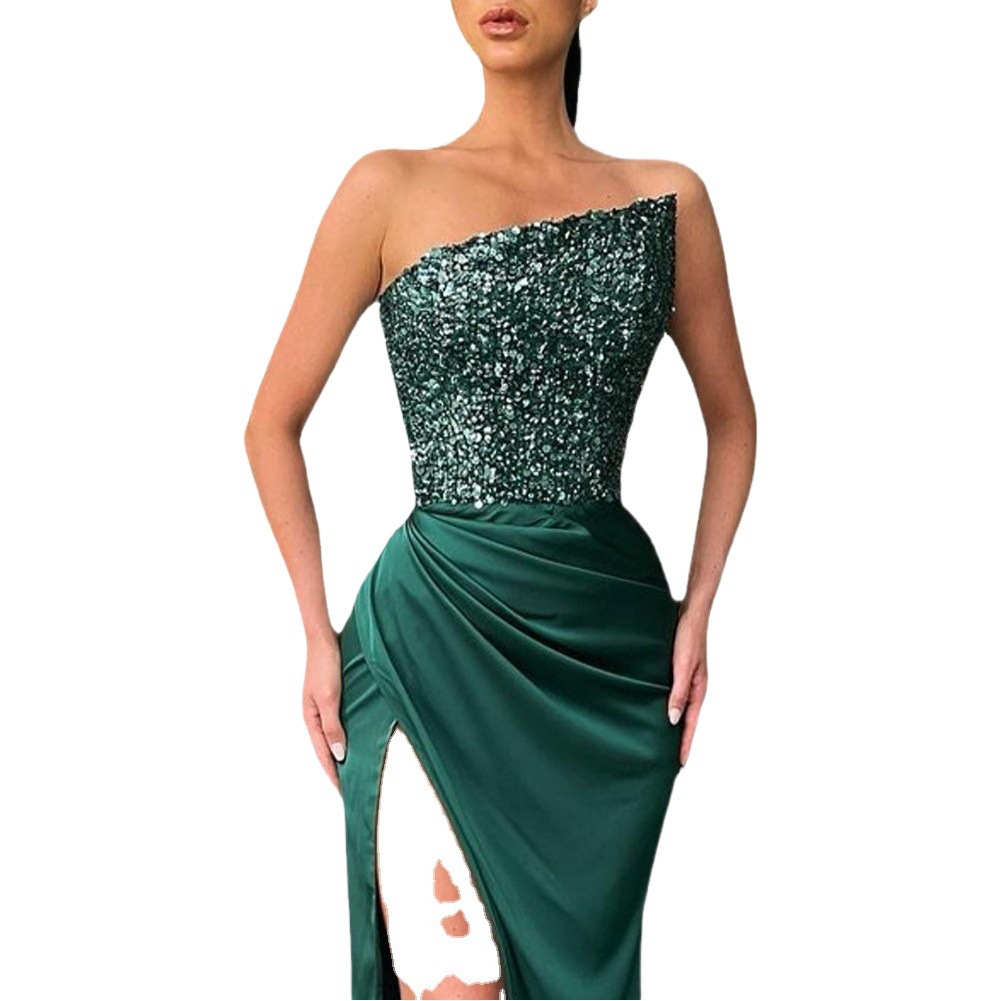 2026 New Cross-Border Foreign Trade Style Green Sequin Fairy Long Sleeveless Fashionable Elegant Mid-Length Evening Dress