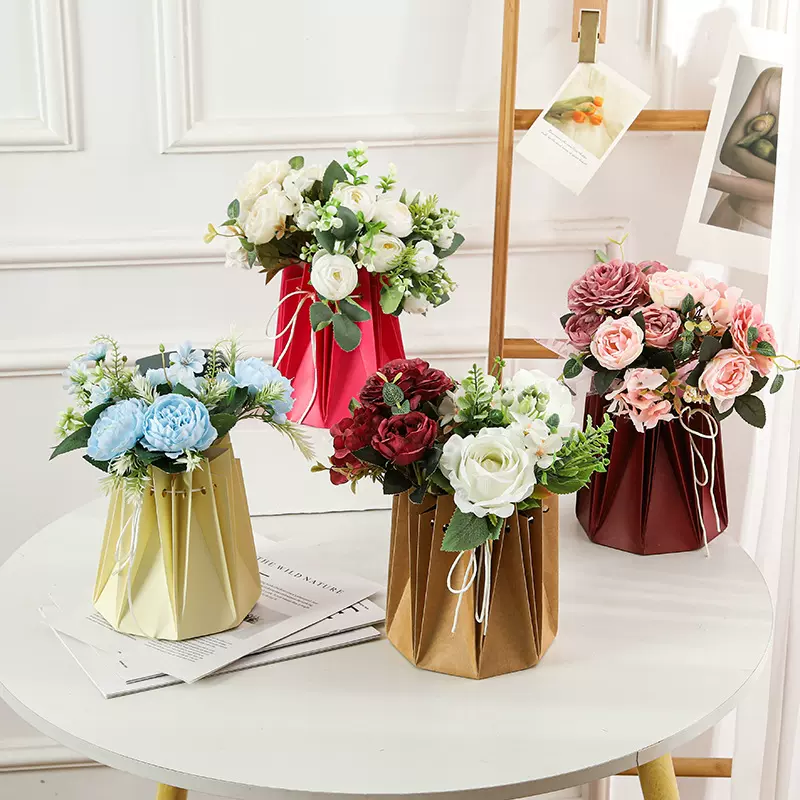 跨境玫瑰花束手提袋八角盒袋防潮鲜花包装手提袋花艺手工手提花袋