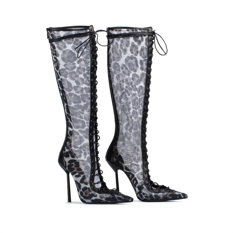 New European and American foreign trade lace-up hollow fashion pointed high boots plus size knee-high boots