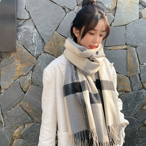 Scarf Women's  Winter New Plaid Print Tassel Imitation Cashmere Scarf Fashion Mid-Length Warm Shawl Scarf