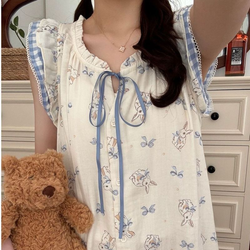 ソースファクトリークラウドコットン韓国インス甘くてかわいいウサギのネグリジェ女性の夏薄いミッドレングスパジャマ|undefined