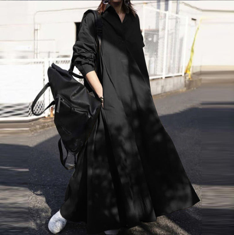 Cross-Border Amazon 2025 Women's New Skirt Pure Color Sweet Retro Long-Sleeved Lapel Loose Full Skirt Dress