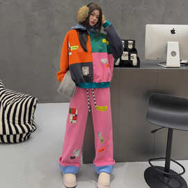 欧货个性撞色拼接双面绒卫衣休闲裤两件套女冬秋时尚保暖大码套装