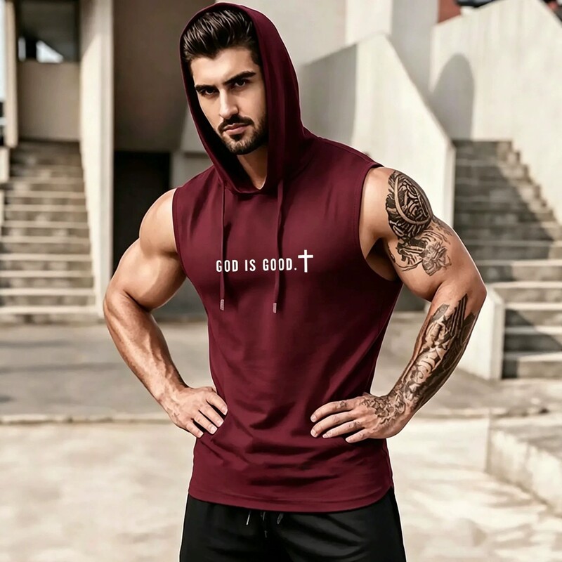 Foreign Trade Cross-Border Men's Hooded Sleeveless Vest Summer Fitness Quick-Dry Sports Vest Trendy Printed Loose Top