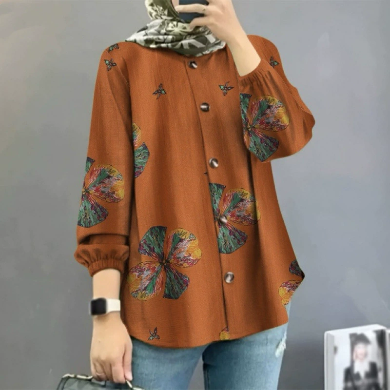 Кросс-бордерная женская мусульманская рубашка с цветочным принтом Amazon Ближний Восток Малайзия 2024, модные пышные рукава, оптовая партия от производителя