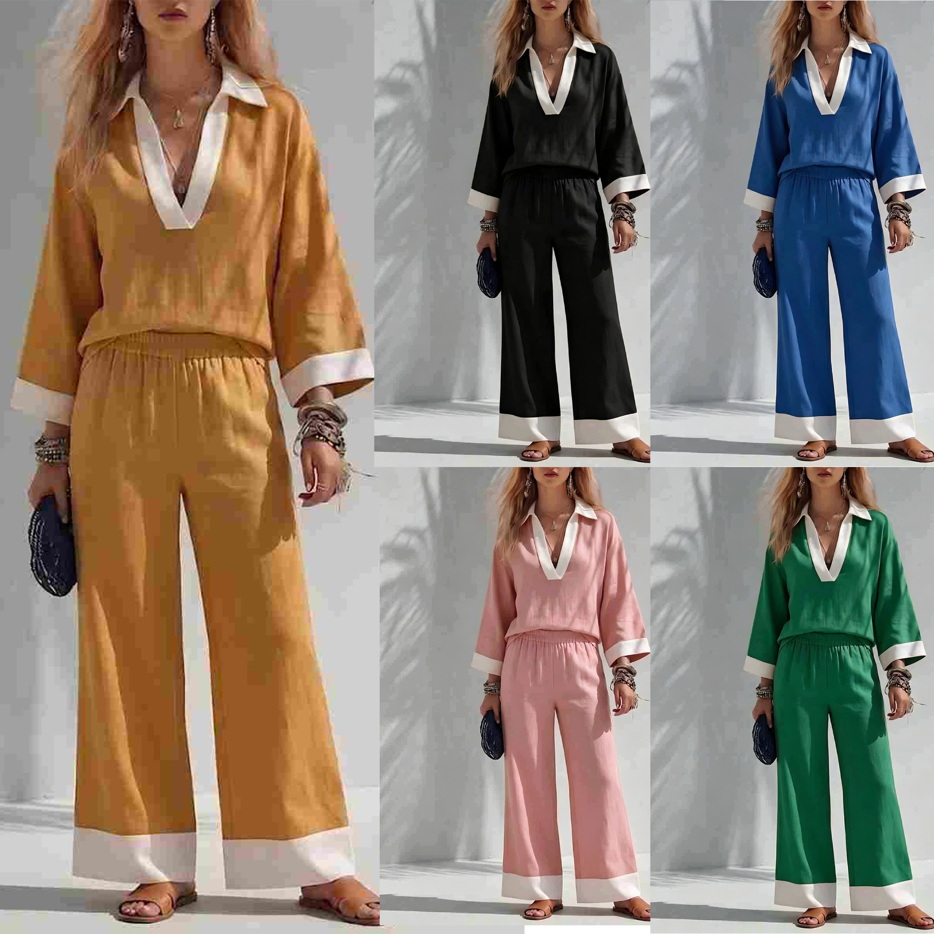 2026 European and American Cross-Border Independent Website New Fashion Women's V-Neck Three-Quarter Sleeve Top and Elastic Waist Wide-Leg Pants Set