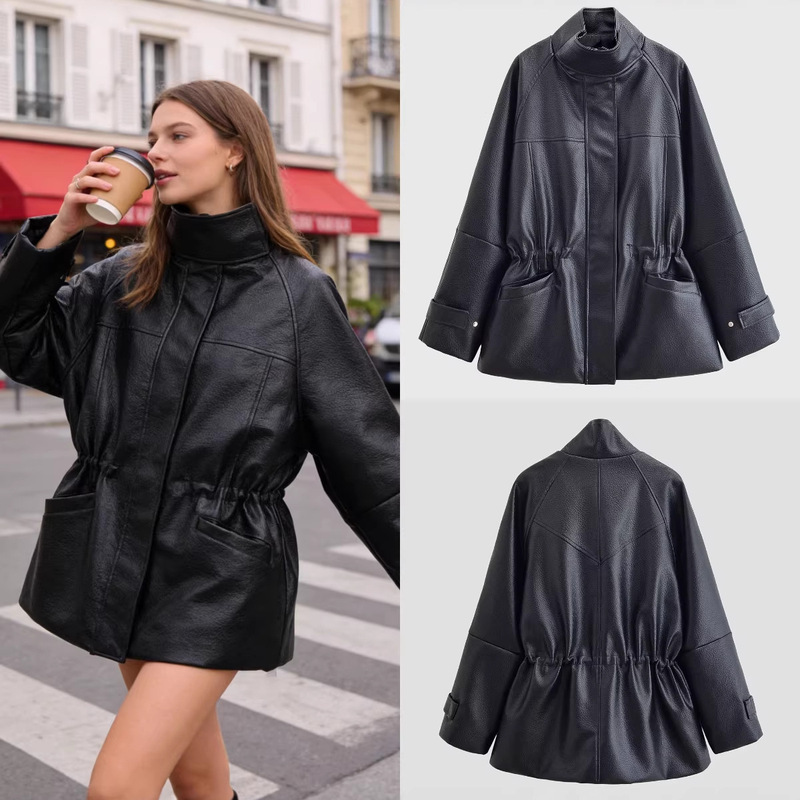 Za Foreign Trade Cross-Border Wholesale European and American Style Women's Fashion Adjustable Waist Jacket Leather Coat for Autumn and Winter