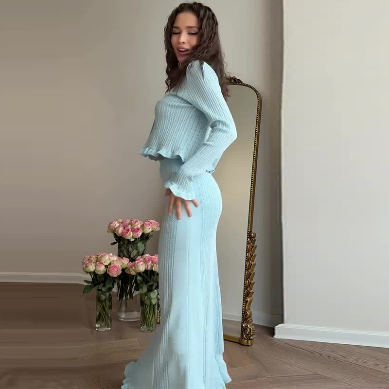 2025新款欧美亚马逊跨境外贸女装长袖休闲宽松舒适浅蓝色针织套装|undefined