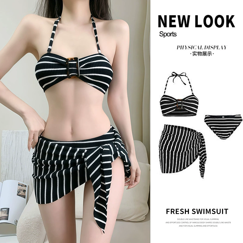 Купальник женский черно-белый полосатый бикини тряпка из трех точек сексуальная сладкая мода пляжный курорт трансграничный