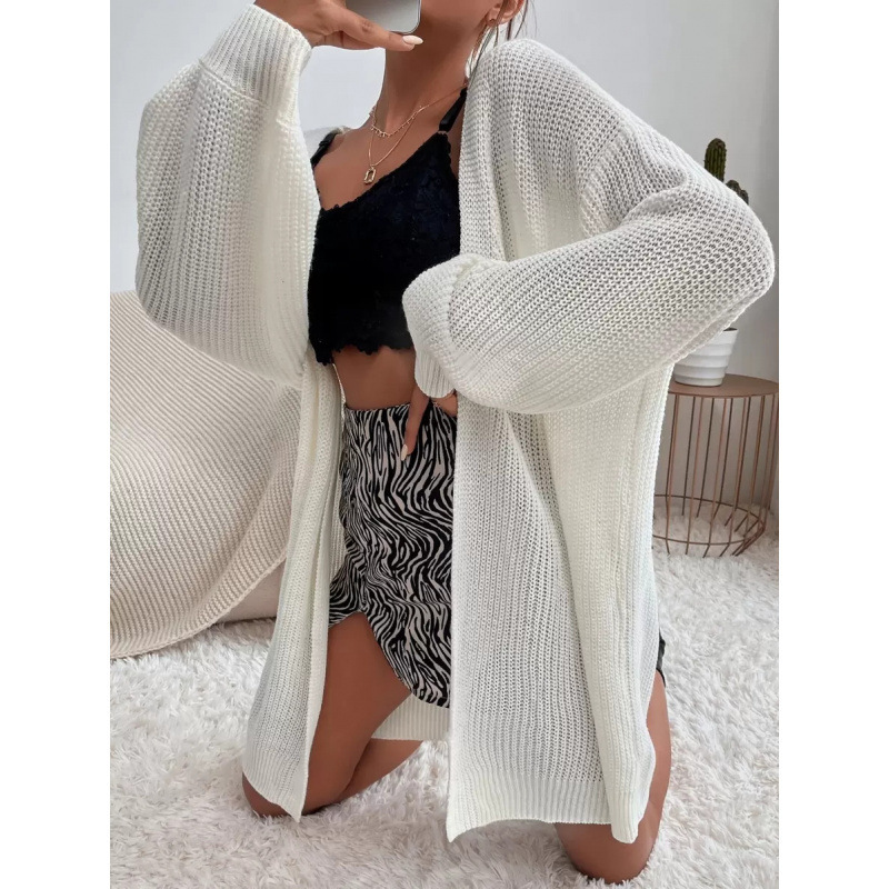 S 68349 Solid Collar Long Knit Cardigan Solid Color Lapel Long Knit Cardigan