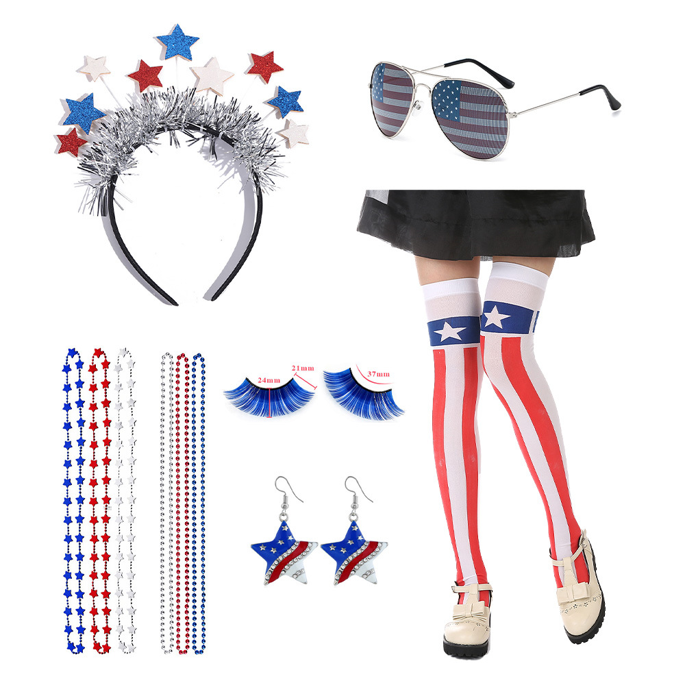 Gafas del Día de la Independencia de los Estados Unidos Diadema de carnaval Diadema Diadema Pendientes Pestañas postizas Gafas de bandera
