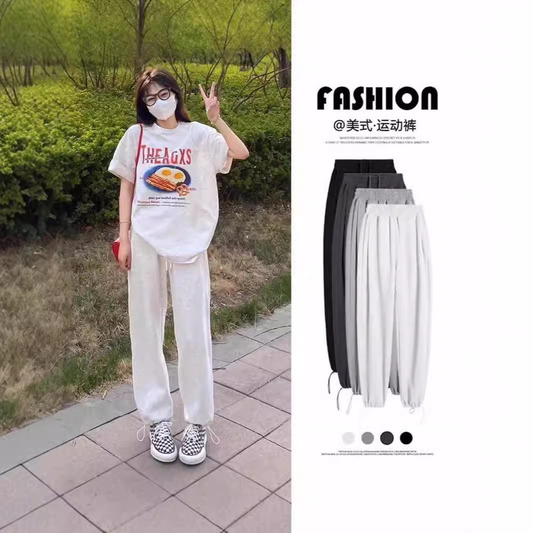 Women's light gray sweatpants, summer thin style, 2024 new style, straight leg, petite, loose, wide leg, American style jogger sweatpants