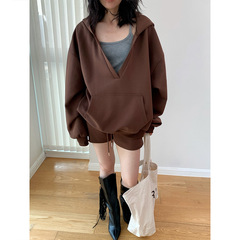 桃乐丝 秋季新品韩国运动服大V领宽松慵懒连帽卫衣休闲显瘦外套女