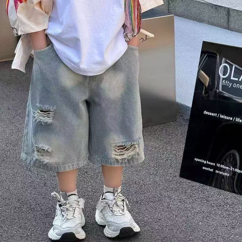 2025 Summer New Korean Style Boys' Fashion Versatile Simple Loose Ripped Jeans Children's Shorts Trend