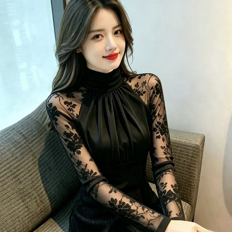[New Arrivals for Autumn and Winter] High-neck mesh lace patchwork top, waist-cinching, slimming, elegant, and feminine, perfect for layering as a base layer