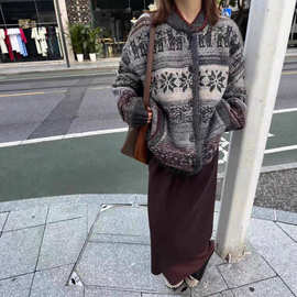 复古民族风提花针织开衫女2025秋冬新款宽松休闲羊驼毛毛衣外套厚