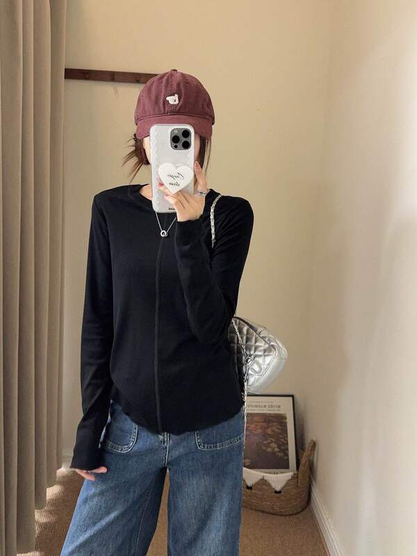 25秋季新款经典简约纯色中缝线木耳边长袖T恤女弹力修身百搭内搭|undefined