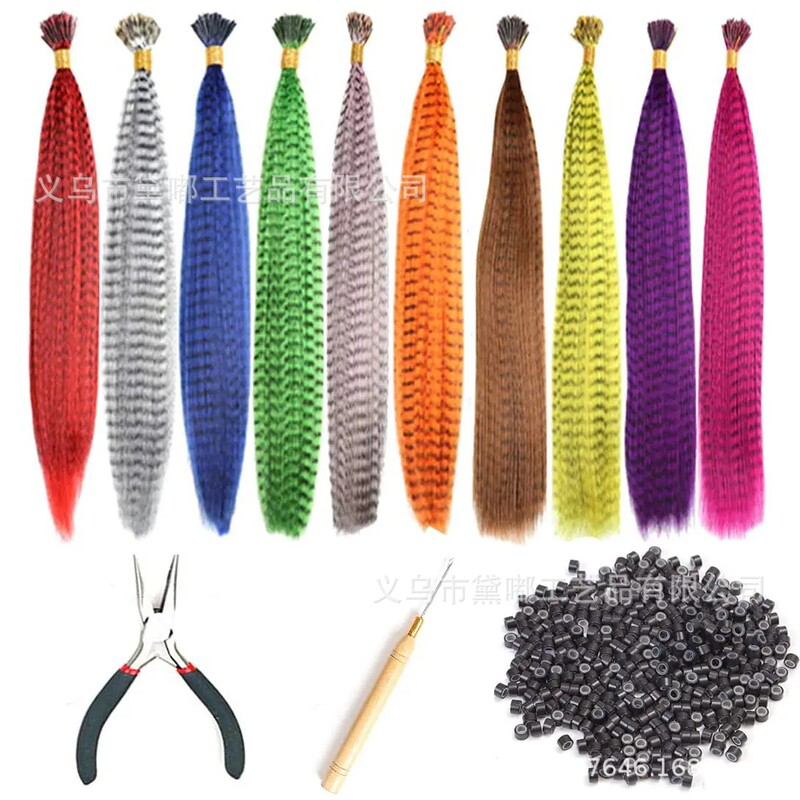 European and American Style Full Ear Feather Hair Extensions, Colorful Feather Stripes, High-Temperature Silk Hair Sticks, In-Stock Hair Accessories, Fake Hair