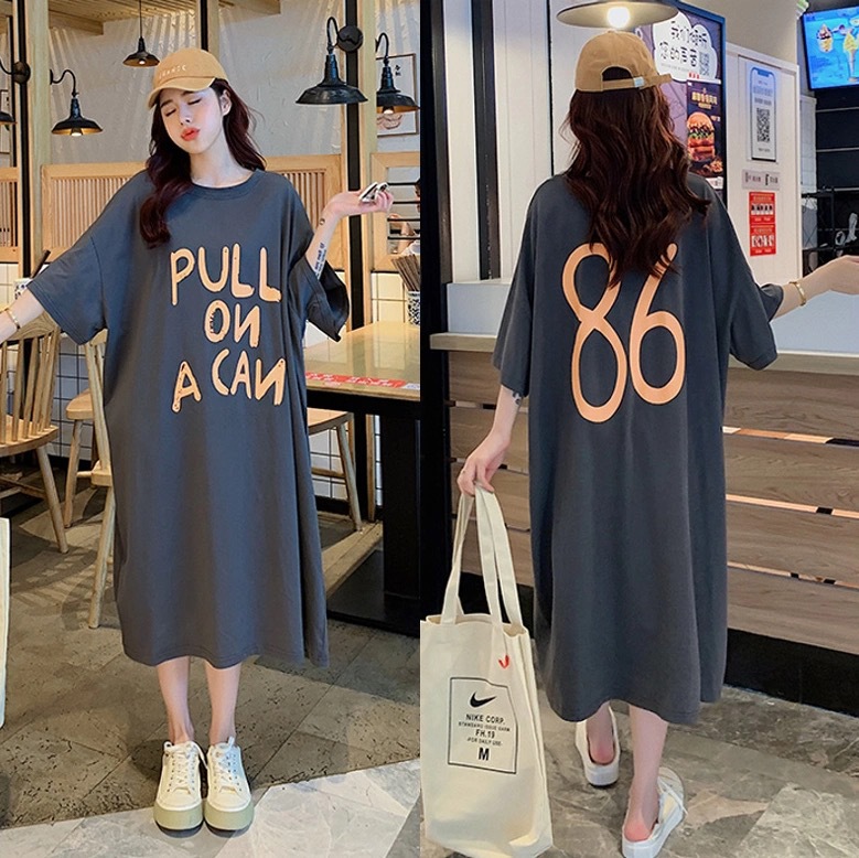 ins网红款韩系开叉个性字母印花T恤长裙中长款过膝连衣裙睡裙孕妇