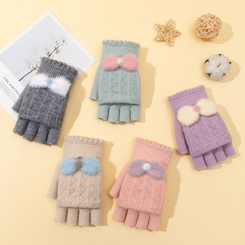 Demi-season knitted keep warm windproof gloves for adults with bow