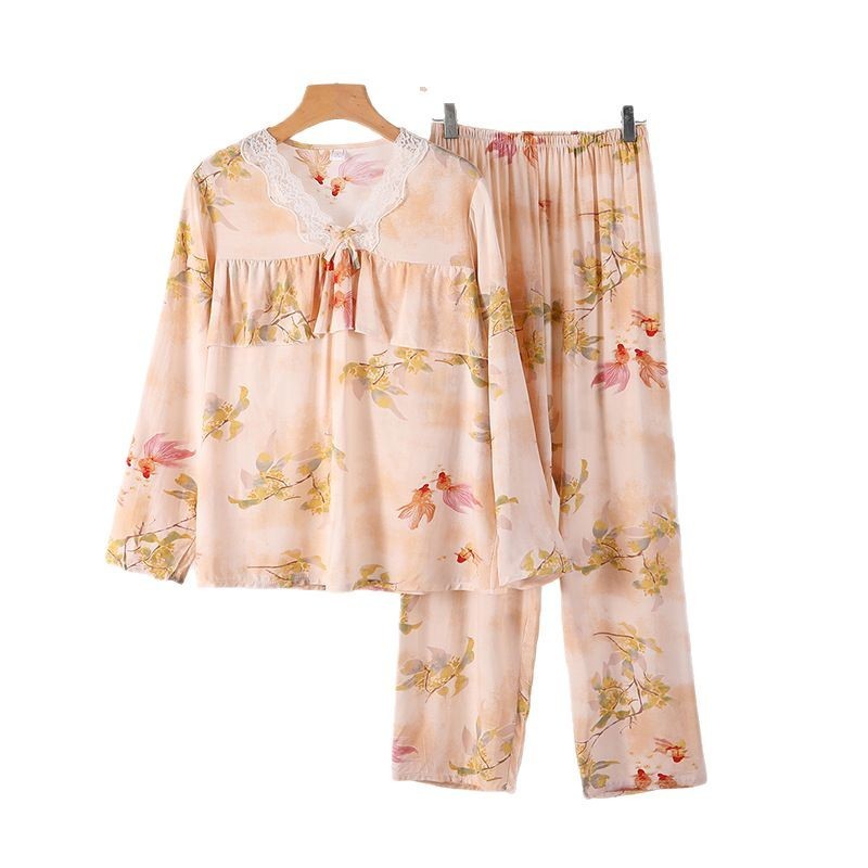 女性用コットンシルク長袖パジャマ、春夏コットンシルクパンツ、ホーム服、シンプルカジュアルレディース人工綿ルーズホーム服|undefined