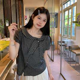实拍 夏季韩系格纹短袖娃娃衫复古飘带领格子衬衫女短袖衬衣上衣