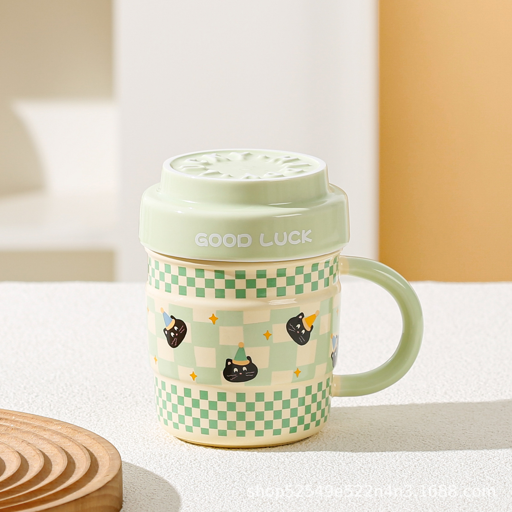 Taza de cerámica de alto valor con tapa de caricatura gato negro taza de regalo de cumpleaños regalo de mano taza de agua bebida pareja de oficina